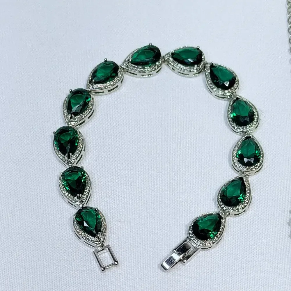 Emerald Teardrop Pear Shape Necklace Pendant, Earrings, Bracelet Set, Plated - Picture 8 of 10
